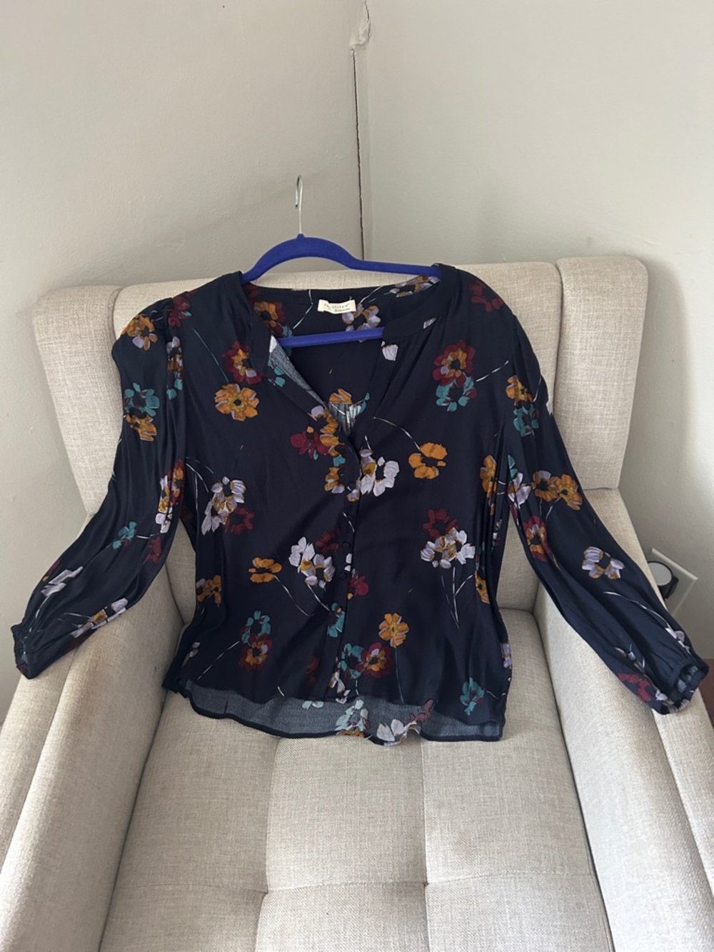 Women's Navy Floral Button-Front Blouse